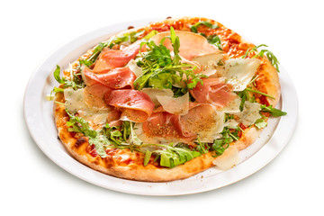  Italian Cuisine. Pizza with prosciutto, ham, arugula and parmesa