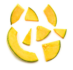 Slices of ripe melon on white background