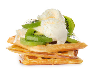 Tasty waffles with kiwi and ice-cream on white background