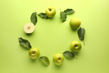 Frame made of fresh ripe apples on color background
