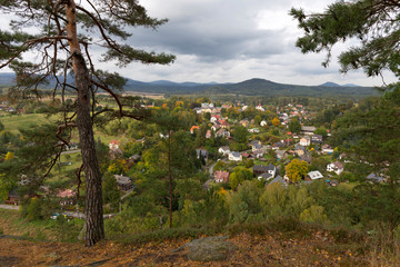 Small Town Sloup v Cechach in autumn Landscape of northern Bohemia, Lusatian Mountains, Czech Republic