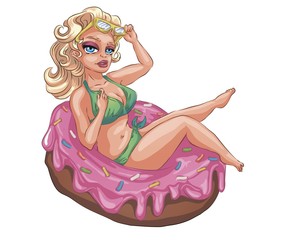 The girl swims and lies on a rubber ring in the shape of a donut. Mass tourism. Get inspired by travel, relax, relax, a sexy girl in a bikini and a hot sunny day on the sea water.