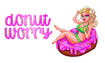 The girl swims and lies on a rubber ring in the shape of a donut. Mass tourism. Get inspired by travel, relax, relax, a sexy girl in a bikini and a hot sunny day on the sea water.