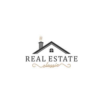 Classic real estate logo with house elements along with old model chimney