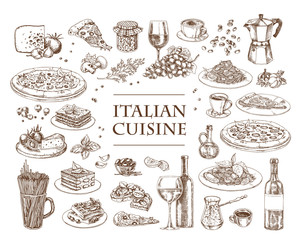 Italian Cuisine vector illustration. Set of traditional italian dishes. Food menu design template. Vintage hand drawn sketch. Engraved image