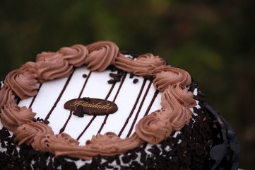 Close-up of a birthday cake where he says Congratulations in Spanish