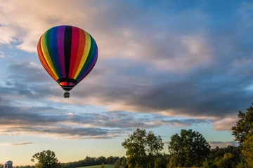 Foto op Plexiglas Regenboog heteluchtballon zweeft over grasveld en bomen bij zonsopgang © rabbitti
