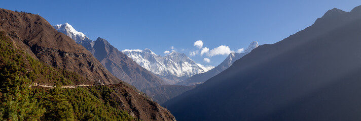 Panorama of Mount Everest through a valley in Nepal