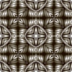Geomeetric fractal 3d vector seamless pattern. Modern ornamental surface background. Repeat geometrical decorative backdrop. Fractal shapes, radial lines, stripes, rhombus, squares. Ornate texture.
