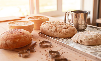 Bread and cooking ingredients on table