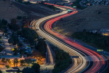 Twilight freeway commuters on route 118 in suburban Simi Valley near Los Angeles in Ventura County, California.