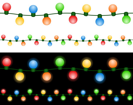 Vector illustration of a string of globe-shaped Christmas lights against a white and a black background; strings can be joined end to end to form continuous uninterrupted longer strings.