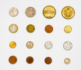Set of worn coins of different values and materials, pewter and copper coins of different countries heads and tails, a collection of numismatist souvenir coins of Monaco, Euro, pound, franc, ruble.