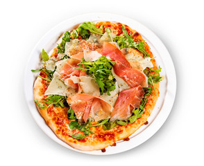 Italian Cuisine. Pizza with prosciutto, ham, arugula and parmesan. Isolate on white background