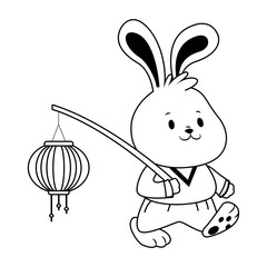 cute rabbit walking holding a chinese lantern, flat design