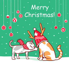 Kawaii couple cats happy time together, merry christmas new year cartoon vector