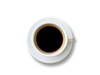 Top view of Black coffee in white cup isolated on the white background. Copy space