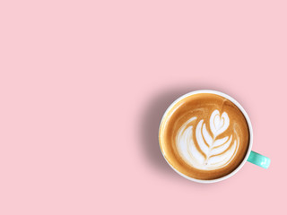 heart love latte art coffee in white and green cup  isolated on pink pastel background. ,love and sweet concept .copy space.