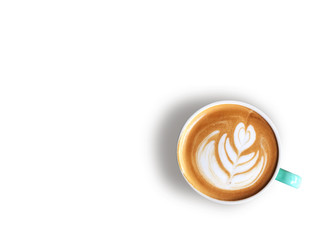 heart love latte art coffee in white and green cup  isolated on White  background. vintage style and copy space.