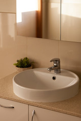 Contemporary bathroom faucet & vanity in diffused residential afternoon light.
