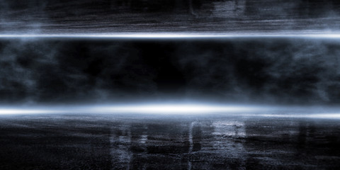 3D rendering abstract dark empty scene wet asphalt and smoke on black background