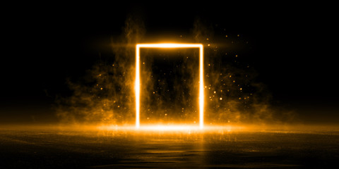 3D Rendering Abstract door light fantastic scene empty stage room with orange light element on black background