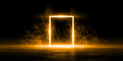 Foto auf Leinwand 3D-Rendering Abstraktes Türlicht fantastische Szene leerer Bühnenraum mit orangefarbenem Lichtelement auf schwarzem Hintergrund © releon8211