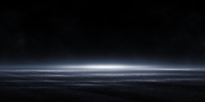 3D rendering Abstract asphalt light in a dark empty street with smoke on dark background