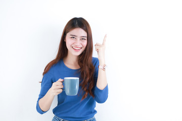 Asian woman on white background with coffee cup smile and happy face