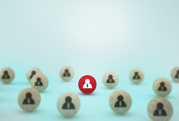 Concept creative idea of human resource management and recruitment business employee concept. Arrange wooden sphere on blue background
