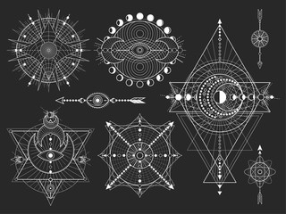 Vector set of Sacred geometric symbols and figures on black background. Abstract mystic signs collection.