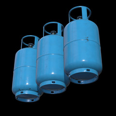 Gas cylinder lpg tank gas-bottle. Propane gas-cylinder balloon. Cylindrical container with liquefied compressed gases with high pressure and valves 3d render on black background