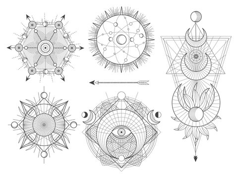 Vector set of Sacred geometric symbols and figures on white background. Abstract mystic signs collection. Black linear shapes.