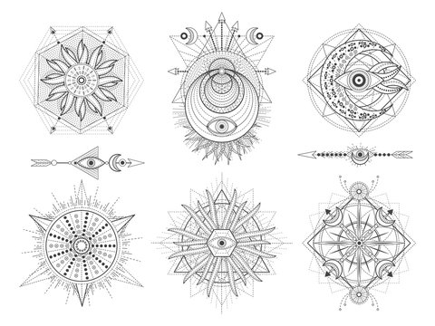 Vector set of Sacred geometric symbols and figures on white background. Abstract mystic signs collection.