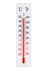 Meteorology thermometer isolated on white background. Thermometer shows air temperature plus 48 degrees celsius 