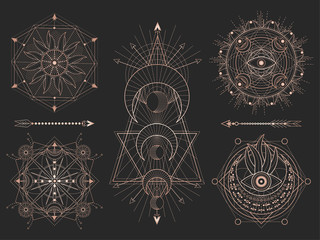 Vector set of Sacred geometric symbols and figures on black background. Abstract mystic signs collection.