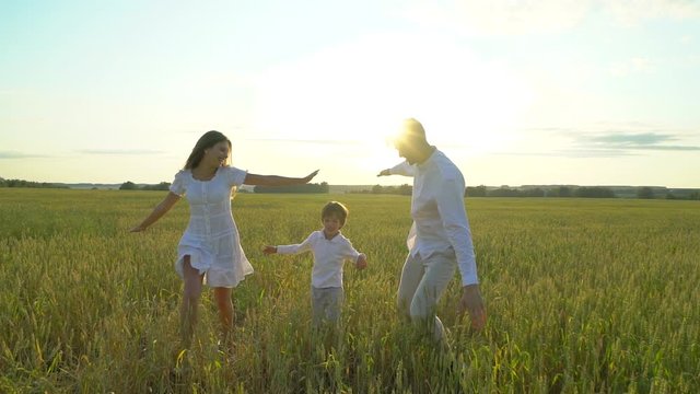 happy family outdoors walking on wheat field with little boy. Mother, father, son child having fun on summer day enjoying nature together, health love travel summertime happy holiday happiness sunset