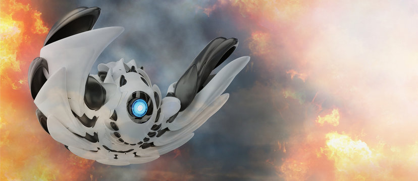 unidentified flying object. technology and blue eye and wings with undefined form 3d-illustration