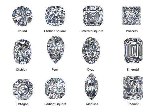 A set of twelve sparkling water diamonds with out line shape of various shapes and designs with their name, isolated Background top view Stock Illustration-3D rendering