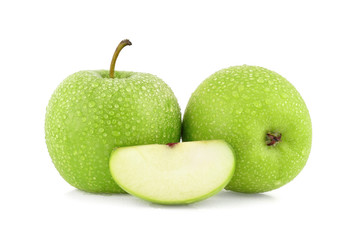 green apple with Drop of water on white background.