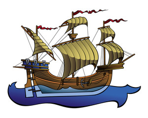 European medieval ship, running on the waves, vector illustration 