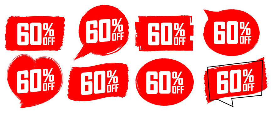 Set Sale 60% off banners design template, discount tags, grunge brush, vector illustration