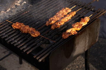 Shish kebab. Pork or lamb meat pieces being fried on a charcoal grill.