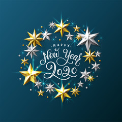 Happy New Year Silver Golden Star on Blue Vector Illustration