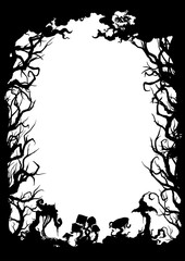 Sinister forest silhouette frame/ Illustration vertical frame with trees, mushrooms, moon - obrazy, fototapety, plakaty