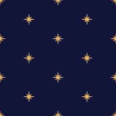 Cute festive background with gold stars. Holiday seamless pattern. Christmas star. Ornament for gift wrapping paper, fabric, clothes, textile, surface textures, scrapbook. Vector illustration.