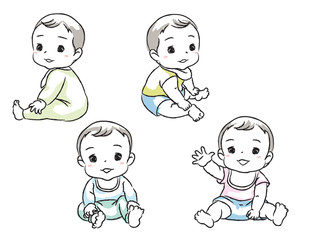 Set with cute babies. Various poses of baby under the age of one. Vector illustration.