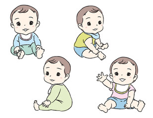 Set with cute babies. Various poses of baby under the age of one. Vector illustration.