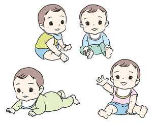 Set with cute babies. Various poses of baby under the age of one. Vector illustration.