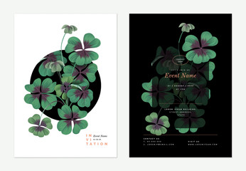 Event invitation card template design, Lucky clover plant decorated on black